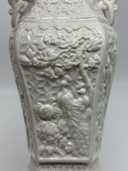 Chinese Blanc d'chine White Porcelain Vase. Circa 1920. Carved and Fitted Stand