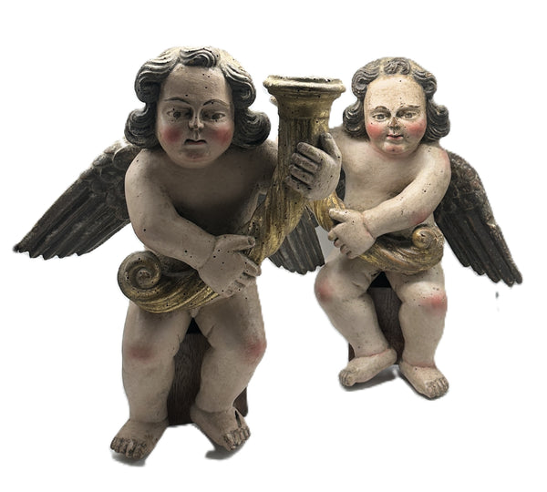 Pair Candle Holder Putti Angels. European 18th Century. Carved Polychrome Wood.