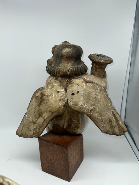 Pair Candle Holder Putti Angels. European 18th Century. Carved Polychrome Wood.