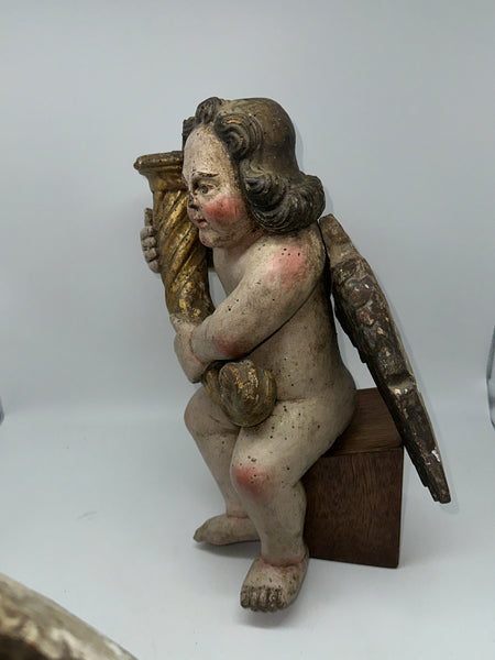 Pair Candle Holder Putti Angels. European 18th Century. Carved Polychrome Wood.