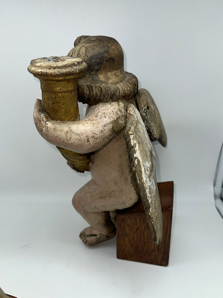 Pair Candle Holder Putti Angels. European 18th Century. Carved Polychrome Wood.