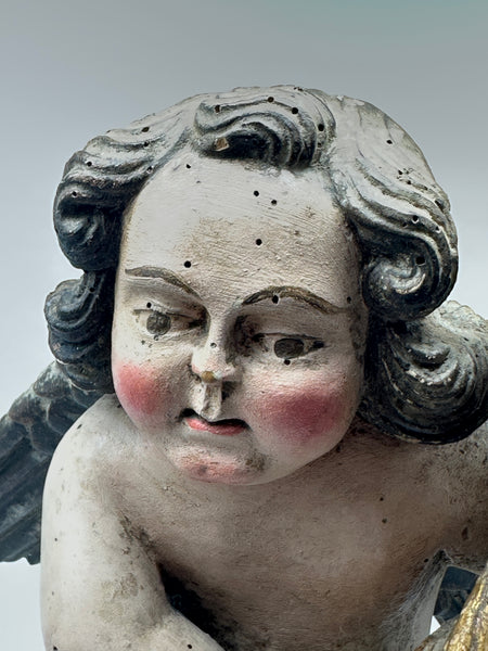 Pair Candle Holder Putti Angels. European 18th Century. Carved Polychrome Wood.