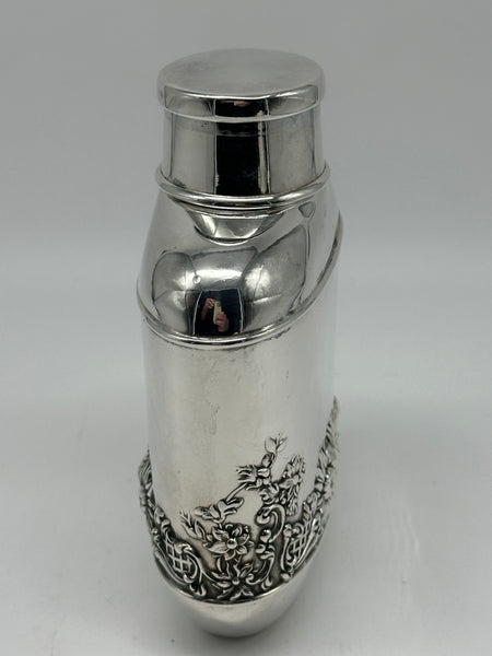 Vintage Silverplate Flask. Sunflower Garden Scene. Telescoping Shot Glass Lid.