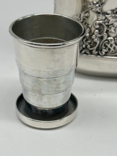 Vintage Silverplate Flask. Sunflower Garden Scene. Telescoping Shot Glass Lid.