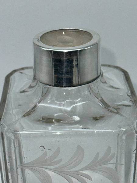 Vintage Decanter. Etched Glass and Sterling Top. Rye or Wheat Motif. 8 1/2" H