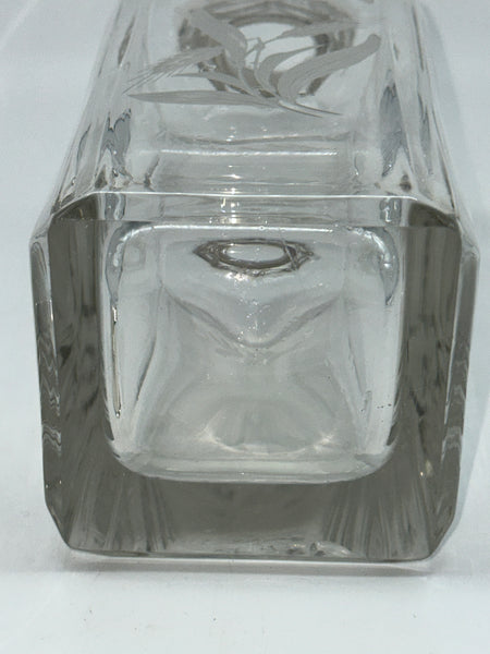 Vintage Decanter. Etched Glass and Sterling Top. Rye or Wheat Motif. 8 1/2" H