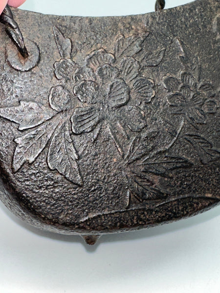 Japanese Iron Tetsubin Tea Pot. Twisted Handle. Cherry Blossom Motif.