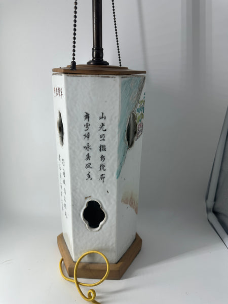 Chinese Porcelain Hat Stand Lamp. White Ground Birds and Flowers. Qing.