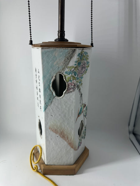 Chinese Porcelain Hat Stand Lamp. White Ground Birds and Flowers. Qing.
