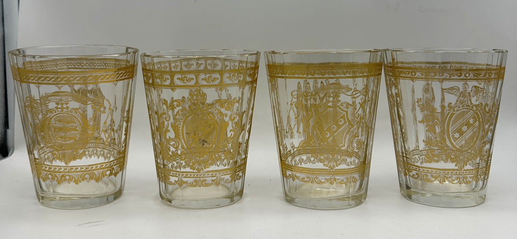 Set of Four Bohemian Gilt Glass Beakers. Coats of Arms and Angel or Saint Figure