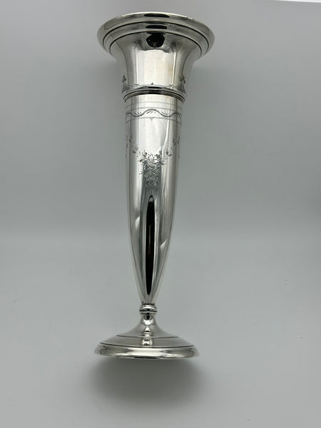 13" American Sterling Silver Trumpet Vase. Engraved Flowers. No Monogram.