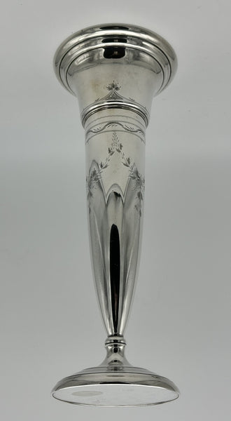 13" American Sterling Silver Trumpet Vase. Engraved Flowers. No Monogram.