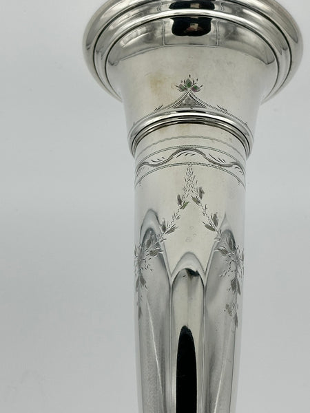 13" American Sterling Silver Trumpet Vase. Engraved Flowers. No Monogram.