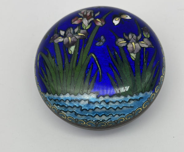 Circular Covered Box. Japanese Ginbari Cloisonne. Iris Flower Circa 1930. 3/4" D