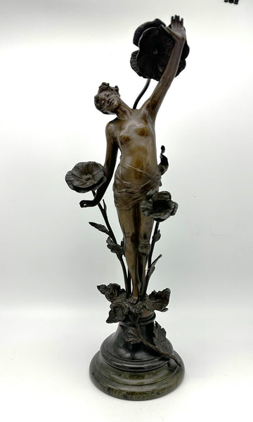 German Bronze Sculpture of Nymph or Fairy in Flowers Franz Rosse 1890. 15 1/2" H