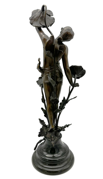 German Bronze Sculpture of Nymph or Fairy in Flowers Franz Rosse 1890. 15 1/2" H