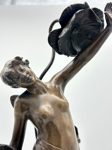 German Bronze Sculpture of Nymph or Fairy in Flowers Franz Rosse 1890. 15 1/2" H