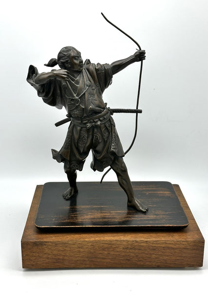 Japanese Bronze Archer Sculpture on Wood Base. Artist Signed. Meiji Period.