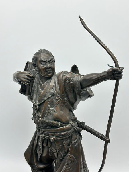 Japanese Bronze Archer Sculpture on Wood Base. Artist Signed. Meiji Period.