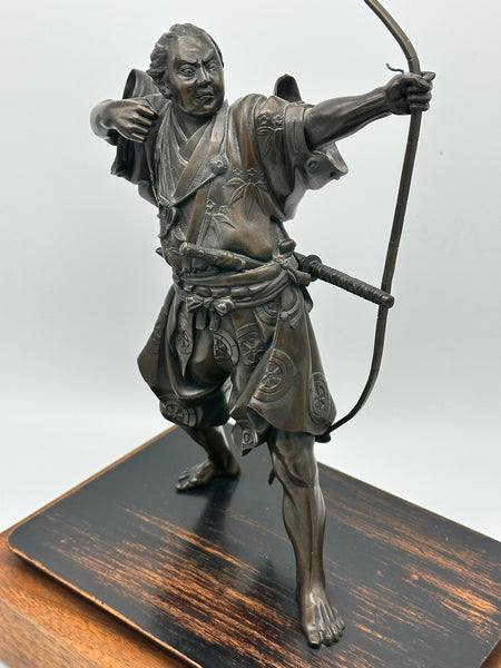 Japanese Bronze Archer Sculpture on Wood Base. Artist Signed. Meiji Period.