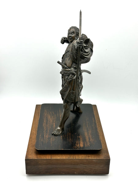 Japanese Bronze Archer Sculpture on Wood Base. Artist Signed. Meiji Period.