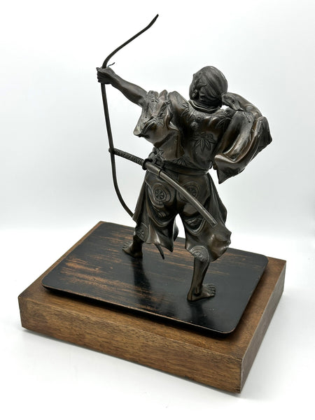 Japanese Bronze Archer Sculpture on Wood Base. Artist Signed. Meiji Period.