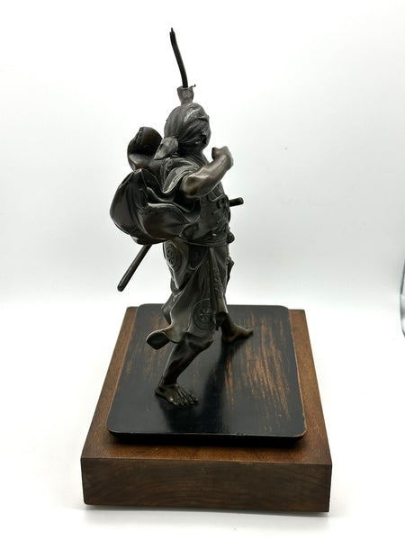 Japanese Bronze Archer Sculpture on Wood Base. Artist Signed. Meiji Period.