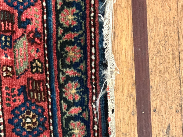 Long Oriental Runner. Orange/Red with Blue. 15' x 3' 4.5".