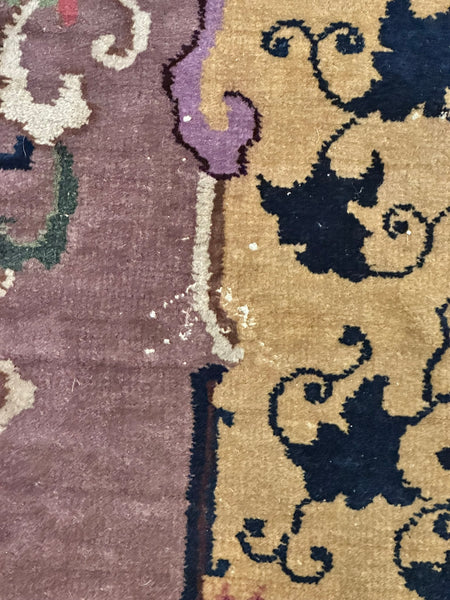 Chinese Area Rug. Beige Ground Purple Border. Circa 1920s. 7' 8" x 4' 5.5"