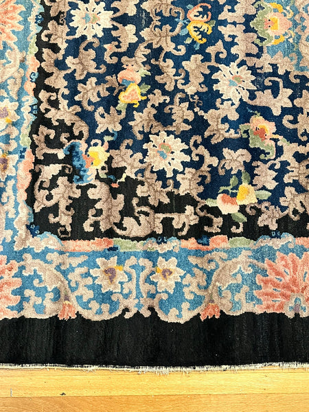 Chinese Area Rug. Dark Blue with Pink and Blue Border. Early 20th C. 6' x 8' 8"