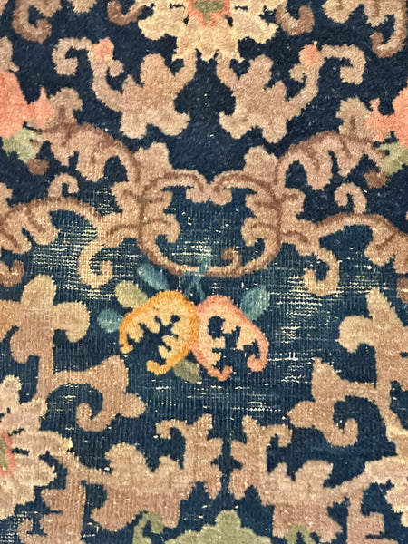 Chinese Area Rug. Dark Blue with Pink and Blue Border. Early 20th C. 6' x 8' 8"