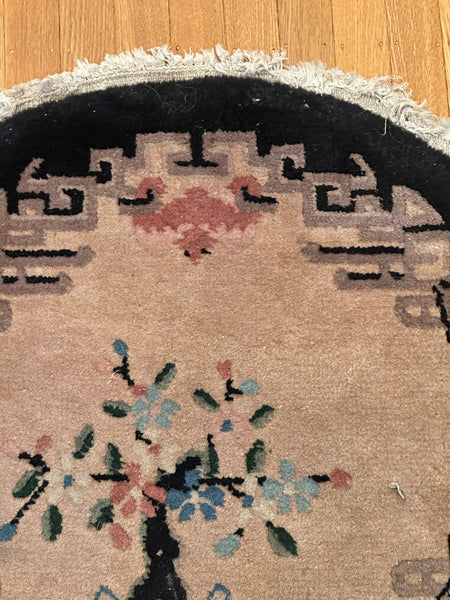 Small Circular Chinese Rug. Tan Gound, Black Border. Circa 1920s. 25" Diameter