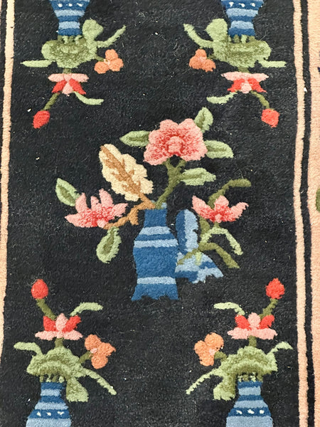 Small Chinese Rectangular Rug. Black Ground Pink Border. 3' 8" x 2' 1"