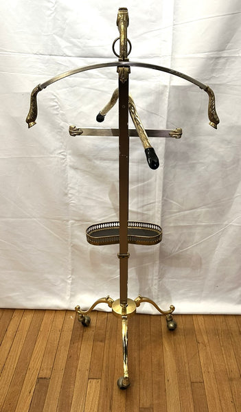 Gentleman's Brass Suiter Valet. Caster Wheels. Jewelry Tray. Circa 1950s