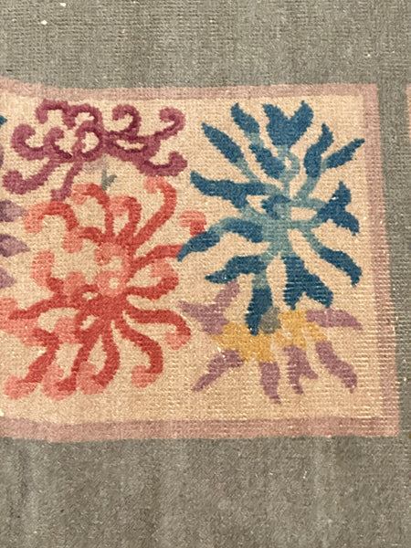 Chinese Rug. Celery Green with Floral Border. Early 20th Century. 7' 10" x 5'