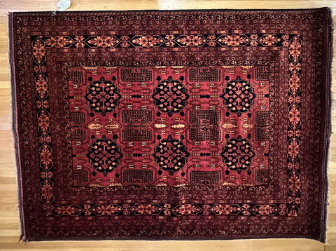 Caucasian Rug. Red with Black, Blue and Beige. Circa 1910. 6' 7" x 4' 11" (CABE)