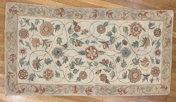 Rug. Hand Stitched. India 20th Century. Cream Pink and Blue Flowers. 49" x 25"