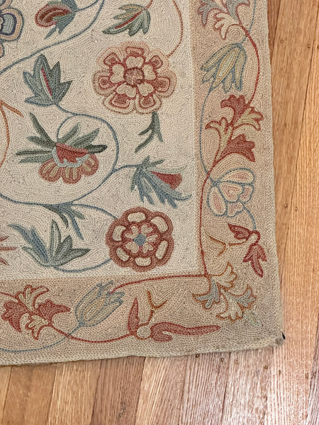 Rug. Hand Stitched. India 20th Century. Cream Pink and Blue Flowers. 49" x 25"