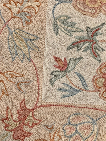 Rug. Hand Stitched. India 20th Century. Cream Pink and Blue Flowers. 49" x 25"