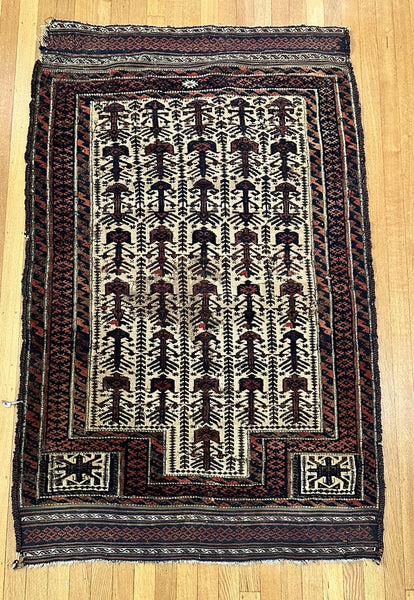 Area Rug. Afghan Early 20th Century. Cream, Dark Blue, Red. 50 1/2" x 31 "