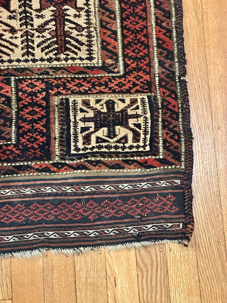 Area Rug. Afghan Early 20th Century. Cream, Dark Blue, Red. 50 1/2" x 31 "