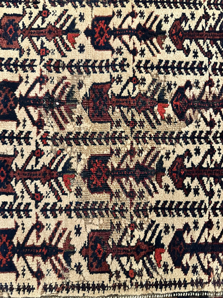 Area Rug. Afghan Early 20th Century. Cream, Dark Blue, Red. 50 1/2" x 31 "