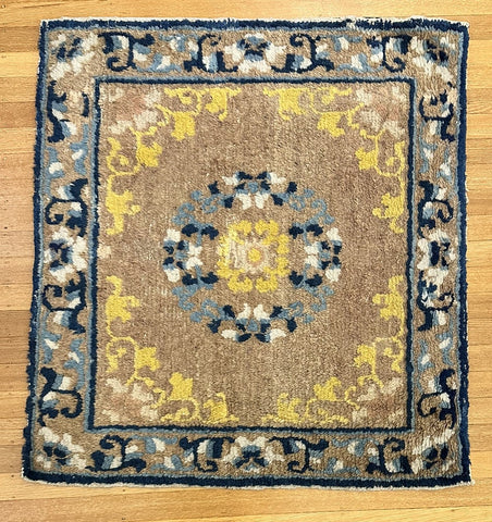 Square Tibetan Chinese Rug. Beige Ground with Yellow and Blue. C.1900. 31" x 28"