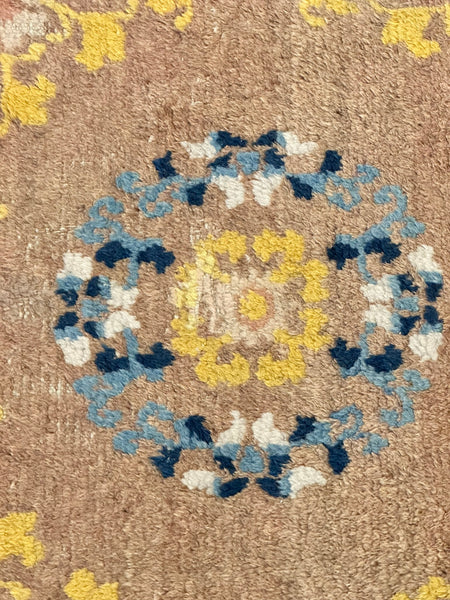 Square Tibetan Chinese Rug. Beige Ground with Yellow and Blue. C.1900. 31" x 28"