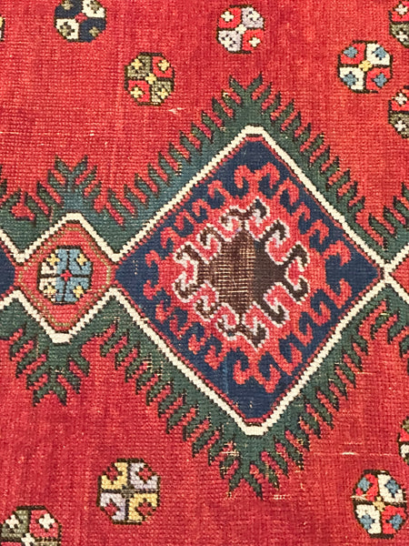 Rug. Afghan. Red Ground, Greens, Blues, White. Circa 1920. 50" x 44" (CABE)