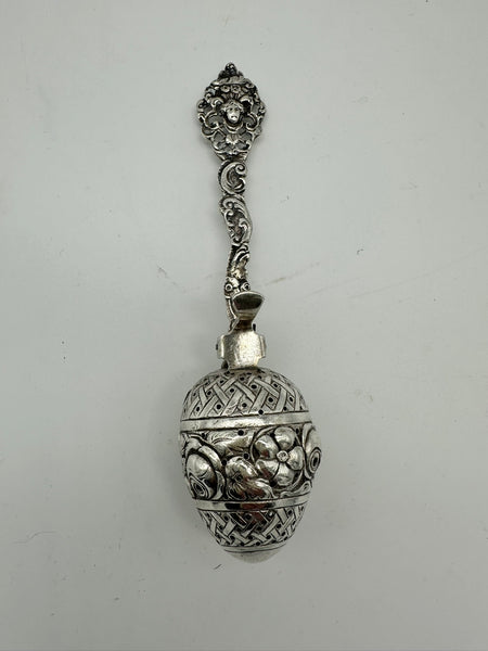 Tea Ball Infuser Spoon. German 800 Silver. Repousse Floral, Pierced Handle. 6"