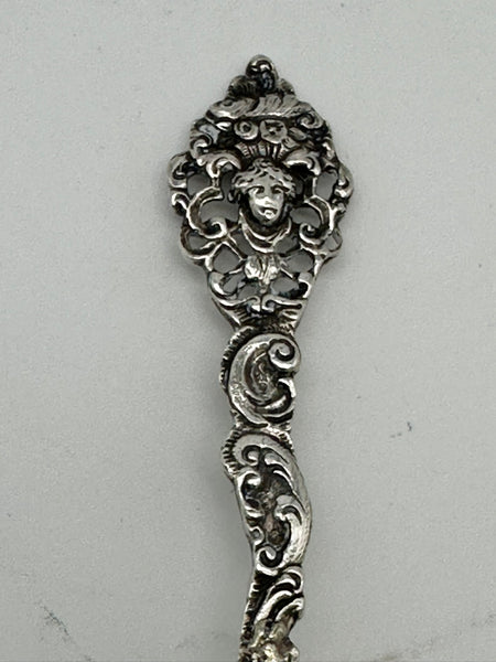 Tea Ball Infuser Spoon. German 800 Silver. Repousse Floral, Pierced Handle. 6"