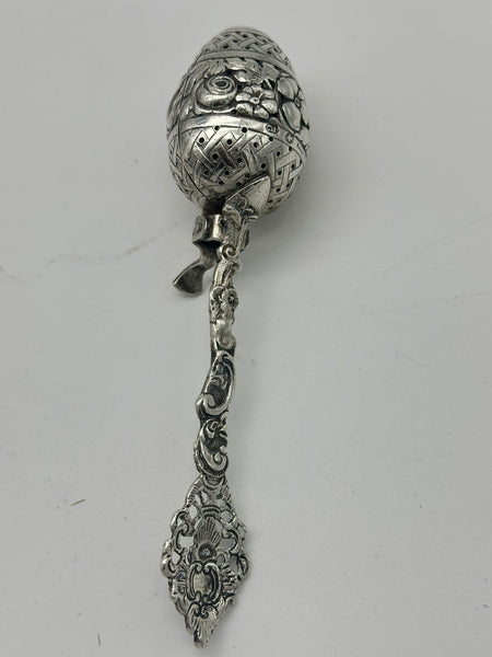 Tea Ball Infuser Spoon. German 800 Silver. Repousse Floral, Pierced Handle. 6"