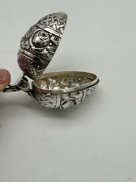 Tea Ball Infuser Spoon. German 800 Silver. Repousse Floral, Pierced Handle. 6"