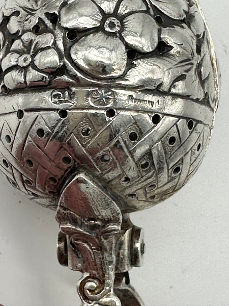 Tea Ball Infuser Spoon. German 800 Silver. Repousse Floral, Pierced Handle. 6"
